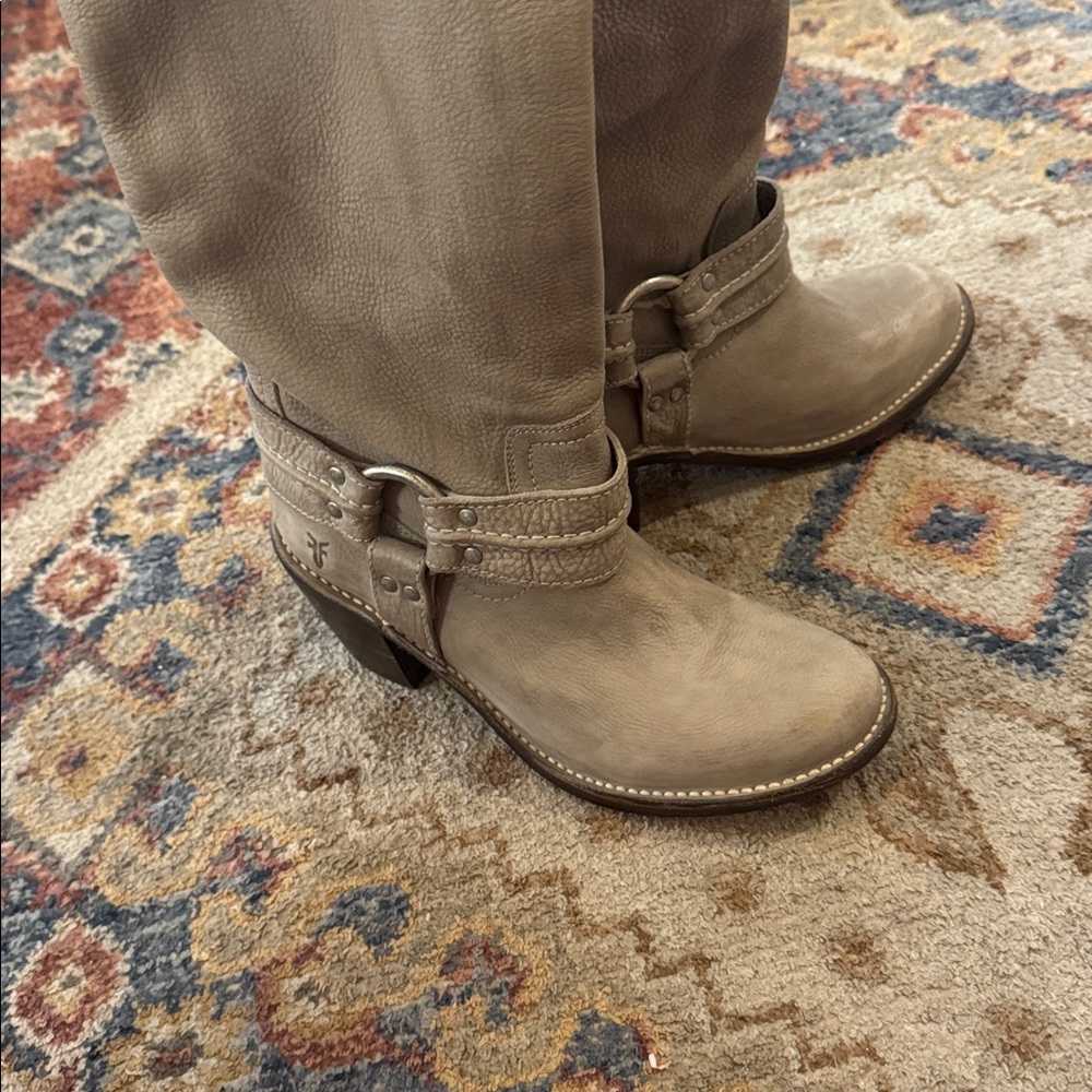 FRYE Taupe Leather Mid-Calf Western Boots - Picture 2 of 4